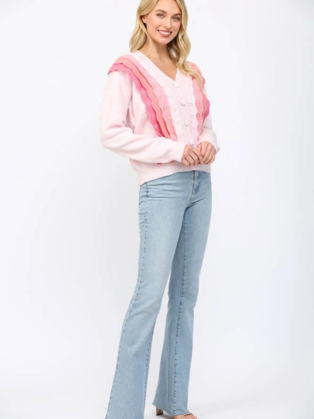 V-Neck Pink Gradient Ruffle Knit Cardigan Sweater by fate NWOT - Picture 9 of 9